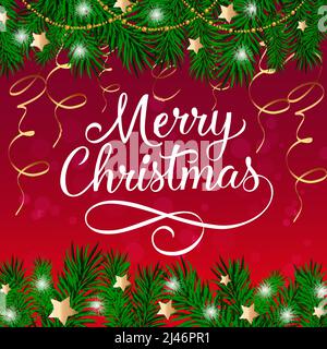 Fröhliche Weihnachtsschrift mit Tannenzacken, Streamer und Perlenschnüren auf rotem Hintergrund. Kann für Postkarten, festliche Gestaltung, Poster verwendet werden Stock Vektor