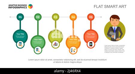 Folienvorlage „fünf Schritte“ für Prozessdiagramm. Geschäftsdaten. Option, Schritt, Design. Kreatives Konzept für Infografik, Projekt. Kann für Themen wie t verwendet werden Stock Vektor