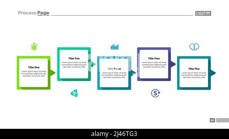 Prozessdiagramm mit fünf Elementen. Schrittdiagramm, Diagramm, Layout. Kreatives Konzept für Infografiken, Präsentation, Projekt, Bericht. Kann für Themen verwendet werden Stock Vektor