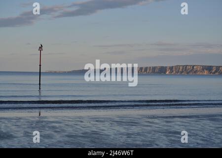 Filey Bay Beach an Einem ruhigen, friedlichen Tag - Blue Sky - Touristenziel + Ferienresort in North Yorkshire - Großbritannien Stockfoto