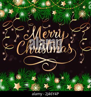 Fröhliche Weihnachtsschrift mit Tannenzacken, Streamer und Perlenschnüren auf dunklem Hintergrund. Kann für Postkarten, Banner, Poster verwendet werden. Stock Vektor
