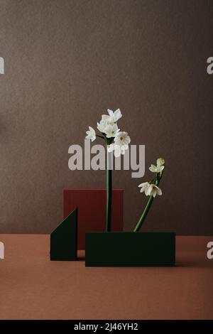 Vertikale, minimalistische Stillleben-Aufnahme mit frischen weißen Blumen, dunkelgrünen und rotbraunen Holzfiguren vor dunkelbraunem Wandhintergrund Stockfoto