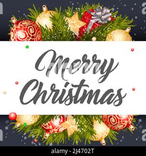 Fröhliche Weihnachtsschrift. Weihnachtskarte mit Kugeln und Geschenk. Handgeschriebener Text, Kalligraphie. Für Grußkarten, Poster, Broschüren und Broch Stock Vektor