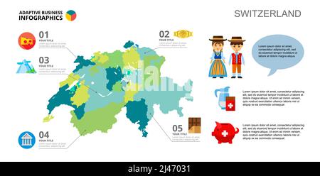 Fünf Optionen Schweiz Prozessdiagramm. Geschäftsdaten. Berg, traditionell, Design. Kreatives Konzept für Infografik, Vorlagen, Präsentation. Kann b Stock Vektor