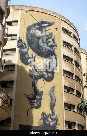 Málaga, Spanien; 02. April 2022: Riesige autorisierte künstlerische Malerei an der Fassade eines Gebäudes in Malaga (Spanien) Stockfoto