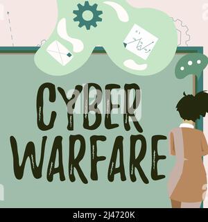 Konzeptunterschrift Cyber Warfare. Geschäftsidee Virtueller Krieg Hacker System greift digitalen Dieb Stalker Geschäftsfrau präsentiert Geschäftsvorschlag Stockfoto
