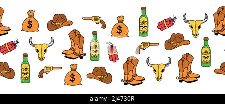 Wildwest nahtlose Vektorkonturenlinie. Cowboy Stiefel, colt, Getränk, Dynamit, Sheriff Stern Abzeichen Geld horizontal wiederholendes Muster. Wild West Design für Stock Vektor