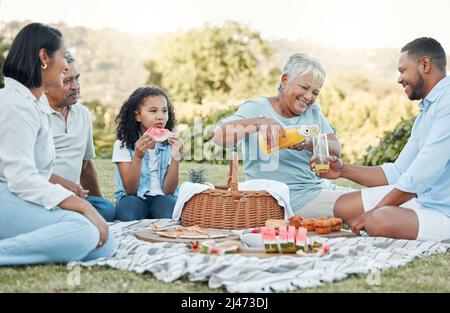 Ich schaue dich an und bin zu Hause. Aufnahme einer Familie, die ein Picknick in einem Park genießt. Stockfoto