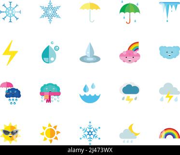 Wettersymbol eingestellt. Kann für Themen wie Klima, Wettervorhersage, Jahreszeit, Emoticons, Meteorologie verwendet werden Stock Vektor
