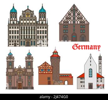 Architektur in Deutschland, Gebäude in Nürnberg und Augsburg, Sehenswürdigkeiten für Vektorreisen. Bayerns Architektur Kaiserburg und Mauthalle, Egidienkirche und Moritzkirche oder St. Maurice Kirche und Rathaus Stock Vektor