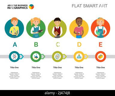 Prozessdiagramm mit fünf Elementen. Schrittdiagramm, Diagramm, Layout. Kreatives Konzept für Infografiken, Präsentation, Projekt, Bericht. Kann für Themen verwendet werden Stock Vektor