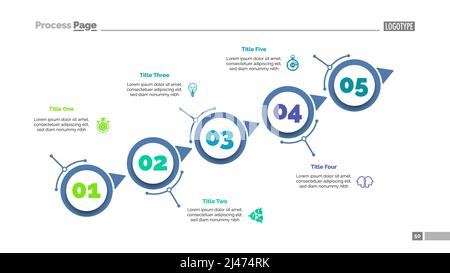 Prozessdiagramm mit fünf Elementen. Schrittdiagramm, Diagramm, Layout. Kreatives Konzept für Infografiken, Präsentation, Projekt, Bericht. Kann für Themen verwendet werden Stock Vektor