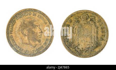 Spanische Münzen - 1 Peseta, Francisco Franco. Geprägt in Kupfer des Jahres 1947 Stockfoto