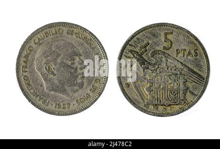 Spanische Münzen - 5 Pesetas, Francisco Franco. Geprägt im Jahr 1956 Stockfoto