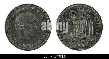 Spanische Münzen - 5 Pesetas, Francisco Franco. Geprägt im Jahr 1949 Stockfoto