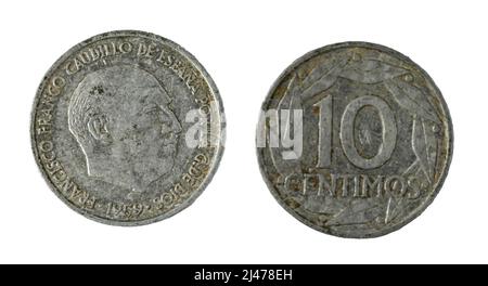 Spanische Münzen - 10 Cent, Francisco Franco. Geprägt in Nickel aus dem Jahr 1959 Stockfoto