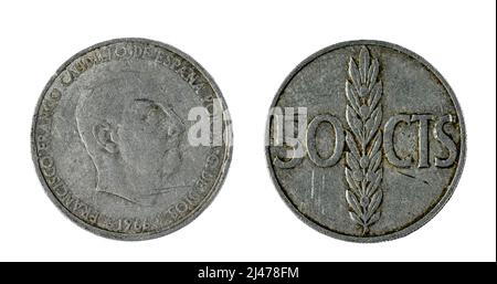 Spanische Münzen - 50 Cent, Francisco Franco. Geprägt in Nickel aus dem Jahr 1966 Stockfoto