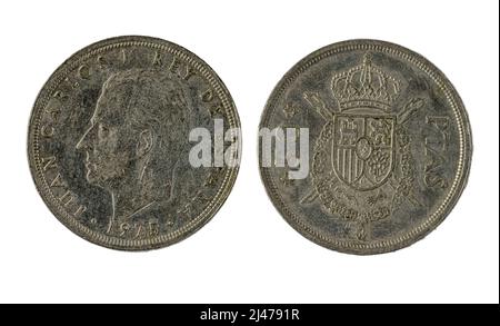 Spanische Münzen - 50 Peseten. Juan Carlos I. prägte 1975 Stockfoto