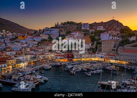 Blick auf die wunderschöne Insel Hydra, Griechenland. Stockfoto