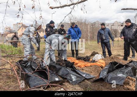 Bucha, Ukraine. 12. April 2022. (ANMERKUNG DER REDAKTION: Bild zeigt den Tod) .Forensische Polizisten exhumieren Leichen in Bucha, am Stadtrand von Kiew. Bucha City in der Ukraine wurde unter intensiven Kämpfen und Beschuss-Angriffen aus Russland verwüstet. Der Völkermord-Angriff der russischen Streitkräfte tötete Hunderte von Zivilisten in der Stadt. Die russischen Angriffe führen auch dazu, dass einige Einheimische obdachlos sind und auf der Straße leben. (Bild: © Mykhaylo Palinchak/SOPA Images via ZUMA Press Wire) Stockfoto