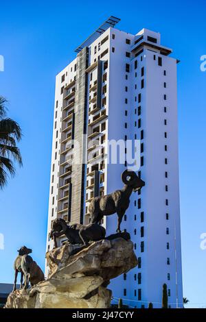 Figura o estatua de borrego cimarron, cimarrones, animal del desierto de sonora y edificio departamental, biens raices en la colonia Pitic en Hermosillo, Mexiko. (Foto von Luis Gutierrez/North Photo/) Figura o estatua de borrego cimarron, cimarrones, animal del desierto de sonora y edificio departamental, biens raices en la colonia Pitic en Hermosillo, Mexiko. (Foto von Luis Gutierrez/Nordfoto/) Stockfoto