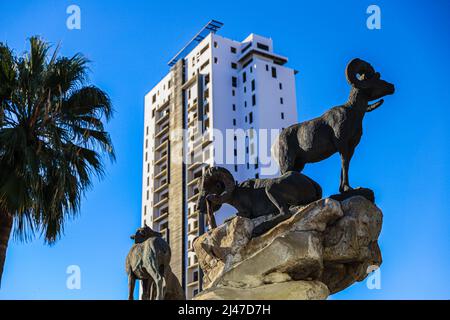 Figura o estatua de borrego cimarron, cimarrones, animal del desierto de sonora y edificio departamental, biens raices en la colonia Pitic en Hermosillo, Mexiko. (Foto von Luis Gutierrez/North Photo/) Figura o estatua de borrego cimarron, cimarrones, animal del desierto de sonora y edificio departamental, biens raices en la colonia Pitic en Hermosillo, Mexiko. (Foto von Luis Gutierrez/Nordfoto/) Stockfoto