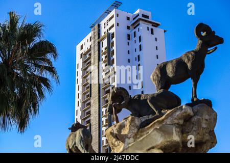 Figura o estatua de borrego cimarron, cimarrones, animal del desierto de sonora y edificio departamental, biens raices en la colonia Pitic en Hermosillo, Mexiko. (Foto von Luis Gutierrez/North Photo/) Figura o estatua de borrego cimarron, cimarrones, animal del desierto de sonora y edificio departamental, biens raices en la colonia Pitic en Hermosillo, Mexiko. (Foto von Luis Gutierrez/Nordfoto/) Stockfoto