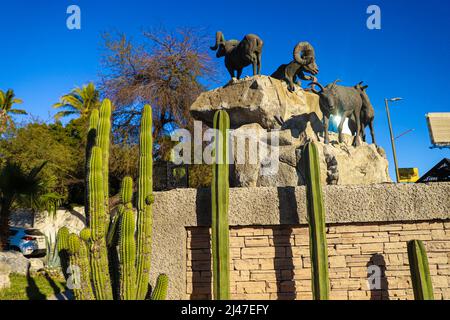 Figura o estatua de borrego cimarron, cimarrones, animal del desierto de sonora y edificio departamental, biens raices en la colonia Pitic en Hermosillo, Mexiko. (Foto von Luis Gutierrez/North Photo/) Figura o estatua de borrego cimarron, cimarrones, animal del desierto de sonora y edificio departamental, biens raices en la colonia Pitic en Hermosillo, Mexiko. (Foto von Luis Gutierrez/Nordfoto/) Stockfoto