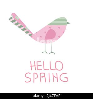 Happy Easter Vektor-Illustration mit Vogel oder Taube und Schriftzug Phrase Hello Spring in Patchwork flaches Design, POP ART-Stil. Stock Vektor