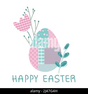 Happy Easter Vektor-Illustration mit Ei und Blumen in flachem Design, POP-ART-Stil. Stock Vektor