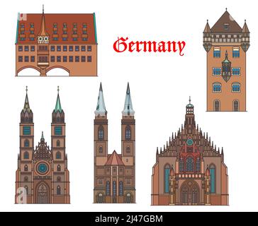 Deutschland Architektur Gebäude und Sehenswürdigkeiten von Nürnberg und Nassau, Vektor. Deutschland Gebäude von Heilig Geist Spital oder Krankenhaus des Heiligen Geistes, Kirchen von St. Sebaldus und St. Lawrence Stock Vektor