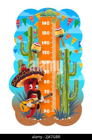 Kids Höhe Chart von mexikanischen Mariachi-Pfeffer mit Gitarre, Wachstumsmaß . Kinder Wachstumsmeter Vektor Lineal oder Stadiometer Wand Aufkleber mit Cartoon roten Chili, Sombrero, Maracas und Kakteen Stock Vektor