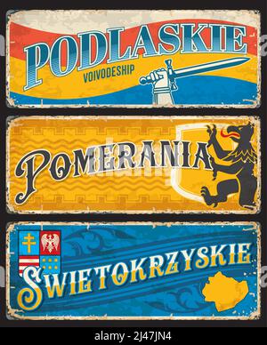 Podlaskie, Pommern, Swietokryskie Polish woiwodschaft Platten und Reise-Aufkleber. Vektor Vintage Banner mit Polen Wappen, Territorialkarte, Flagge, Wappentier Adler Löwe, Schwert in der Hand, Veraltete Schilder Stock Vektor