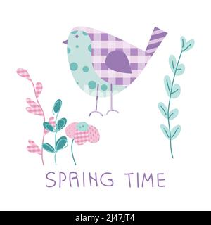 Frühling Komposition Vektor-Illustration mit Vogel, Blumen, Blumen und Schriftzug FRÜHLING ZEIT in Pastell Tartan Muster Flachdesign, POP ART-Stil. Stock Vektor
