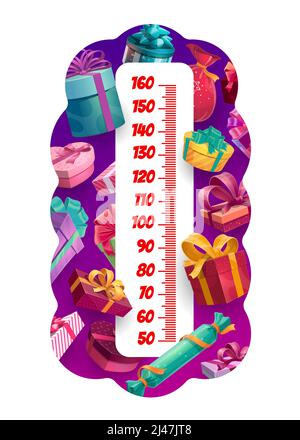 Weihnachten und Geburtstag Geschenke Höhe Diagramm, Vektor Cartoon Kinder Wachstum Meter Lineal. Messskala mit Weihnachtsgeschenken und Weihnachtsgeschenken in Box mit Bändern, roten Herzen und Weihnachtsbeutel Stock Vektor