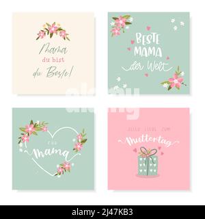 Schöne handgezeichnete Muttertagsdesigns, niedliche Blumen und Handschriften in deutscher Sprache mit der Aufschrift „Beste Mutter der Welt“ „Happy Mother's Day“ und anderen Sprüchen, Stock Vektor