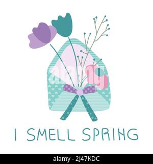 Happy Easter Patchwork Vektor-Illustration mit Mail-Brief, Bogen, Komposition Blumen, und Schriftzug RIECHE ich FRÜHLING in Pastell Tartan Muster flach Stock Vektor