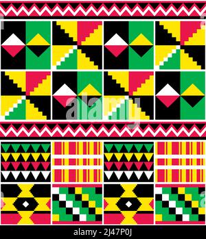 Kente nwentoma geometrisches Vektor-nahtloses Muster in Grün, Rot und Gelb, inspiriert von afrikanischen Stammesstoffen oder Textilien aus Ghana Stock Vektor