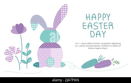 Fröhliches Osterbanner mit Hase oder Kaninchen, Karotte und Blumenmuster in Pastellfarben und Tartan-Muster. Die Vektorgrafik mit Schriftzug Happy Easter Stock Vektor