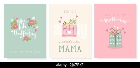 Schöne handgezeichnete Muttertagsdesigns, niedliche Blumen und Handschriften in deutscher Sprache mit der Aufschrift „Beste Mutter der Welt“ „Happy Mother's Day“ und anderen Sprüchen, Stock Vektor