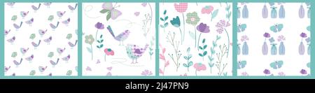 Set aus Tartan Patchwork nahtlose Muster mit Schmetterling, Huhn, Hahn, Vogel, Taube, Blumen. Die Vektorgrafik in flacher Ausführung Stock Vektor