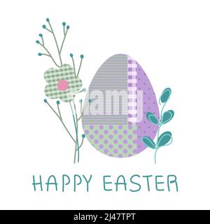 Happy Easter Vektor-Illustration mit Ei, Komposition Blumen und Schriftzug in Pastell Tartan Muster Flachdesign, POP ART-Stil. Stock Vektor