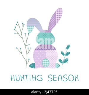 Happy Easter Vektor-Illustration mit Hase oder Kaninchen, Komposition Blumen, und Schriftzug in Pastell Tartan Muster flach Design, POP ART-Stil. Stock Vektor