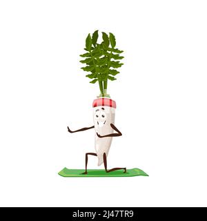 Daikon Zeichentrickfigur auf Yoga Pilates Stretching isoliert lustig lächelnd Gemüse. Vector vegetarisches Essen auf Sportmatte, balancieren Comic kawaii emoticon, Rettich mit grünem Stamm, Wurzel Meerrettich Stock Vektor