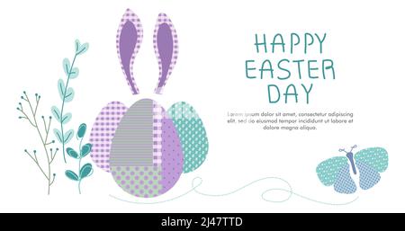 Fröhliches Osterbanner mit Hasenohren oder Kaninchen, Eiern, Schmetterling und Blumen in Pastellfarben und Tartan-Muster. Die Vektorgrafik mit Schriftzug Stock Vektor