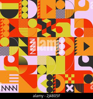 Farbenfrohe abstrakte Vektormuster mit verschiedenen geometrischen Formen und Elementen. Digitales Grafikdesign für Poster, Cover, Kunst, Präsentation Stock Vektor