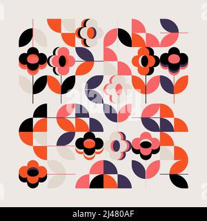 Dekorative Kunst inspiriert von der Bewegung Mitte des Jahrhunderts mit abstrakten geometrischen Formen und auffälligen Formen. Digitale Grafiken für Poster, Cover, Kunst, PR Stock Vektor