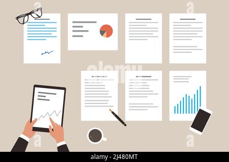 Geschäftsmann Holding Pad Analyse von Daten, Diagramm, Vektor-Illustration Stock Vektor