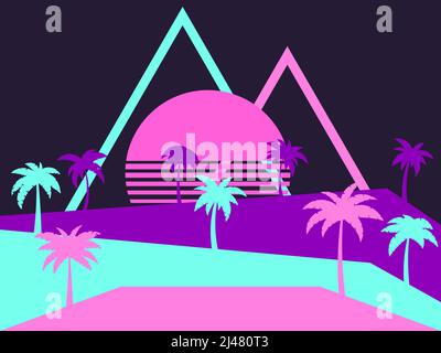 Retro-Sci-Fi-Palmen der 80er Jahre bei Sonnenuntergang im Retro-Stil. Futuristische Sonne mit Palmen. Eine virtuelle Realität. Synthwave- und retrowave-Stil. Hintergrund für den Druck, adv Stock Vektor