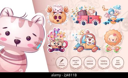 Set Aufkleber - Katze, Kitty, Kürbis, Hund, Welpe, Affe, Pinguin, Kuh, Auto, Löwe Stock Vektor